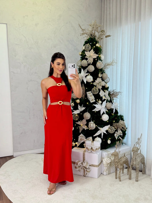 VESTIDO VERMELHO DETALHES DOURADO