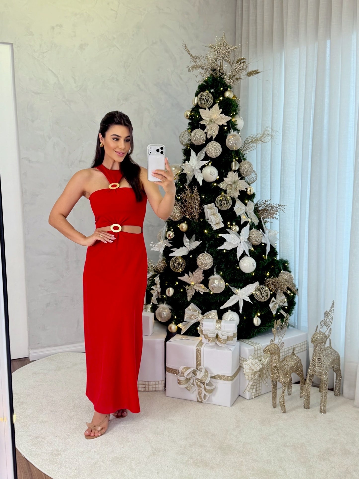 VESTIDO VERMELHO DETALHES DOURADO
